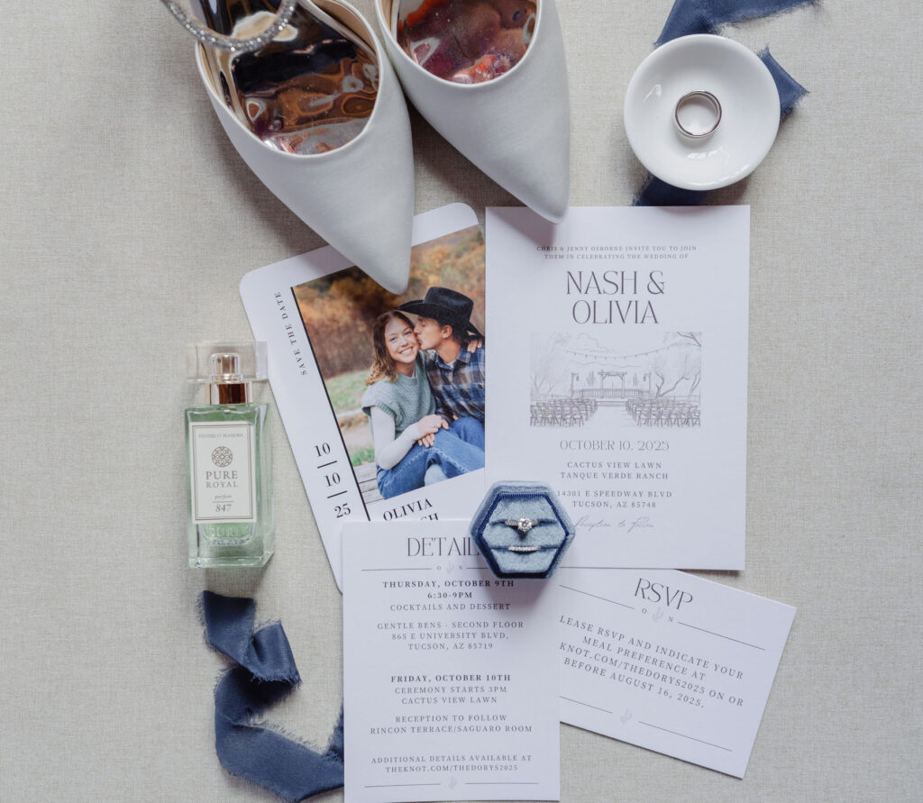 Detail shot of the groom’s boutonniere and tie laid out together, captured during getting ready photos at Tanque Verde Ranch.