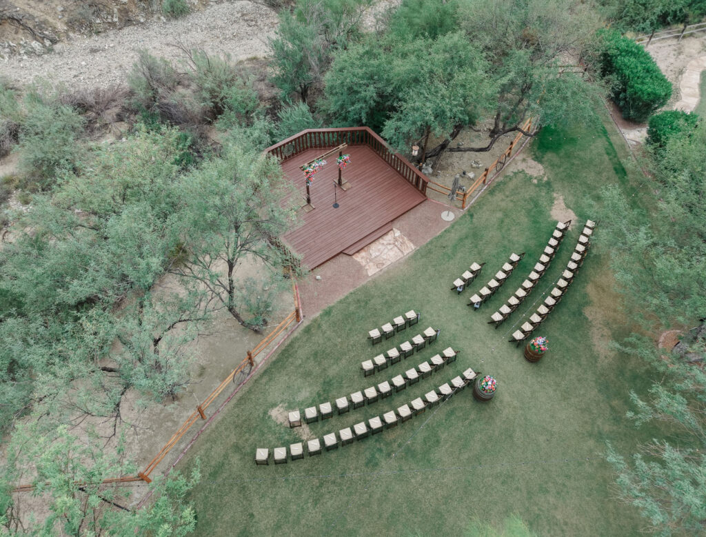 Aerial view of ceremony site at Tanque Verde Ranch in Tucson, Arizona. Destination wedding location for Arizona.
