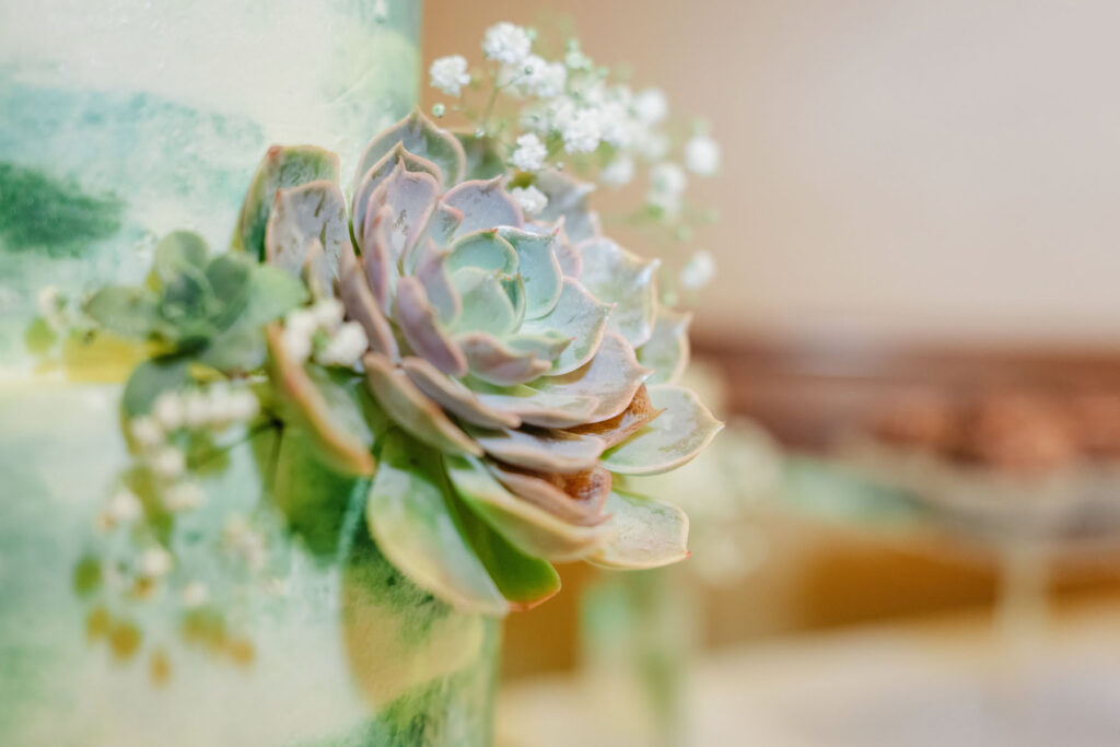 Detail shot of floral on the wedding cake, Tucson, AZ.