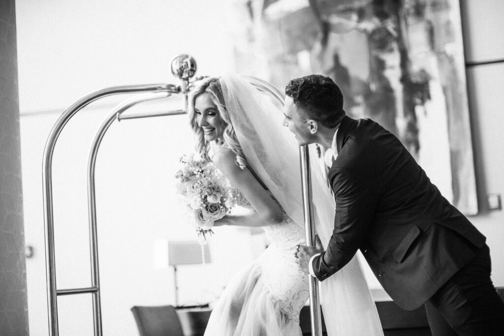 Bride and groom playing for a shot at hacienda del sol in Tucson.